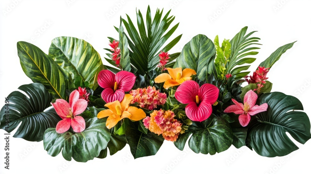 Obraz premium Decorative tropical arrangement with vibrant foliage and flowers, displayed on transparent background, detailed textures, bold colors, clean edges, and professional and lush design.