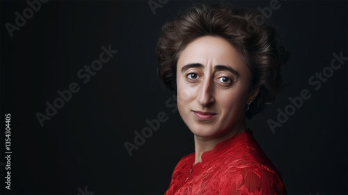 AI-generated face reconstruction of Rosa Luxemburg based on her iconic 1914 photograph.  