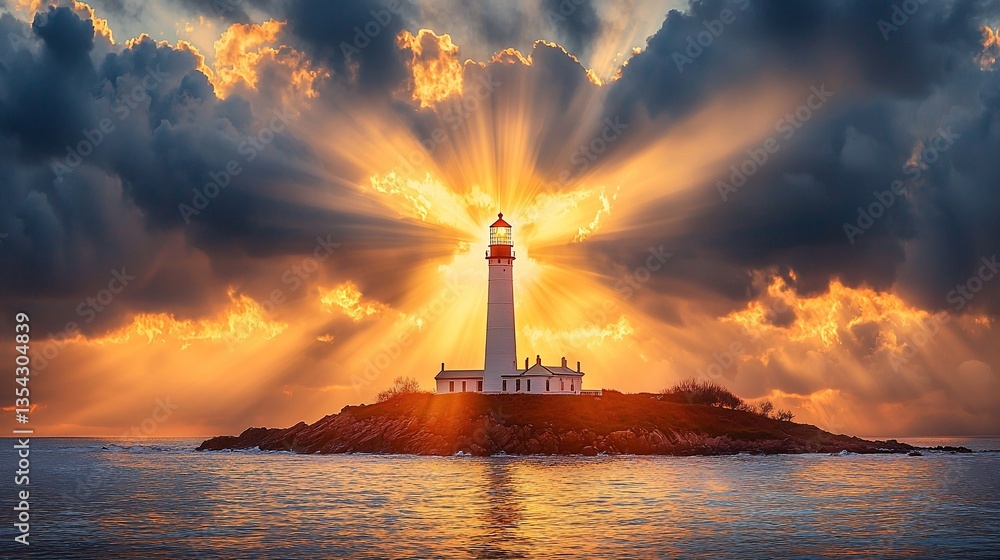 Fototapeta premium Majestic lighthouse sunrise, dramatic clouds, ocean.