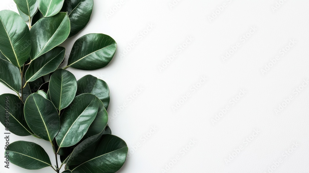 Fototapeta premium Minimalist botanical banner with glossy green ficus leaves on white background