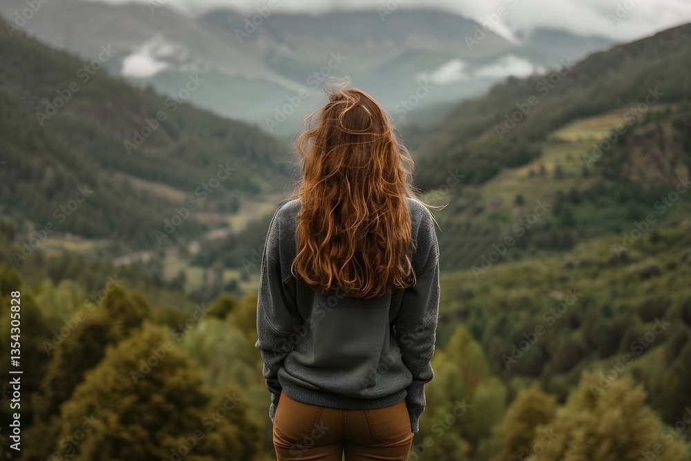Woman Looking at Mountain Landscape View, Back View of Girl Enjoying Nature Scenery Woman Looking at Mountain Landscape View, Back View of Girl Enjoying Nature Scenery