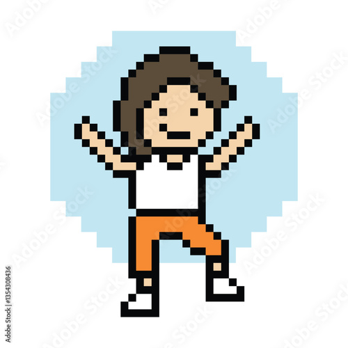 Cute cartoon pixel character cute man exercises training aerobic dance lifestyle music decoration life style 8 bit male boy dance with music game 8bit fitness isolated PNG vector.