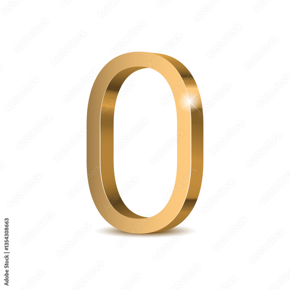 Gold 3d number 0 with a shadow on a white background. Digit zero High quality Vector illustration