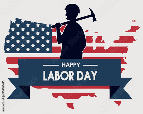 Happy Labor Day USA: American Flag Map with Worker Silhouette.
