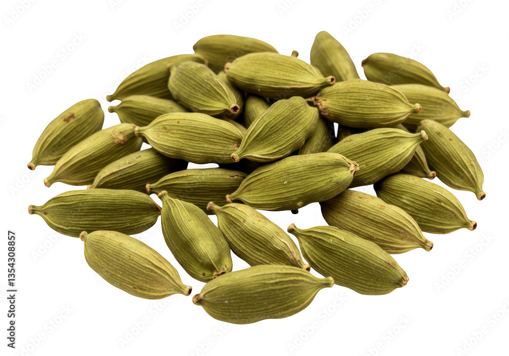 A scattered group of green cardamom pods isolated on transparent background A scattered group of green cardamom pods isolated on transparent background