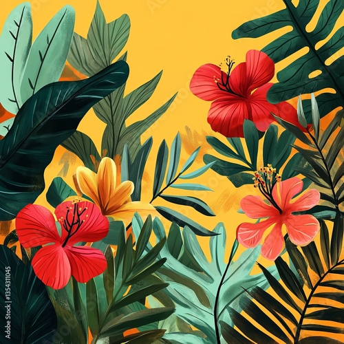 Digital illustration of tropical foliage and flowers, vibrant greens and bold reds, warm yellow background, clean modern design, detailed textures, centered composition, lush and lively.