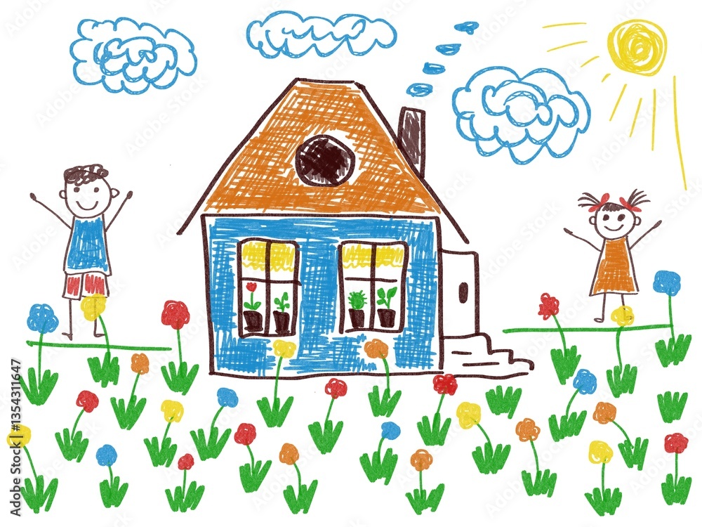 Obraz premium Like children drawing house, girl and boy, grass and flowers the sun and clouds illustration 