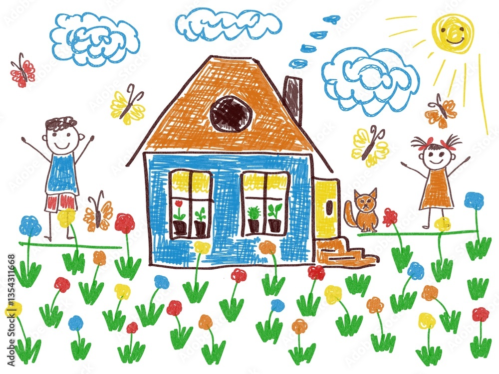 Obraz premium Like children drawing house, girl and boy, grass and flowers the sun and clouds illustration 