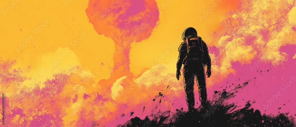 Fototapeta premium Astronaut silhouetted against orange nuclear sky