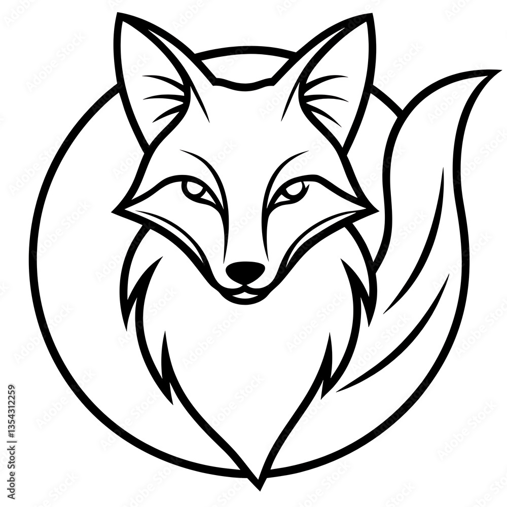 Fototapeta premium A majestic fox, elegantly poised within a circular frame, its intense gaze captivating, a symbol of cunning and grace in bold, simple lines.