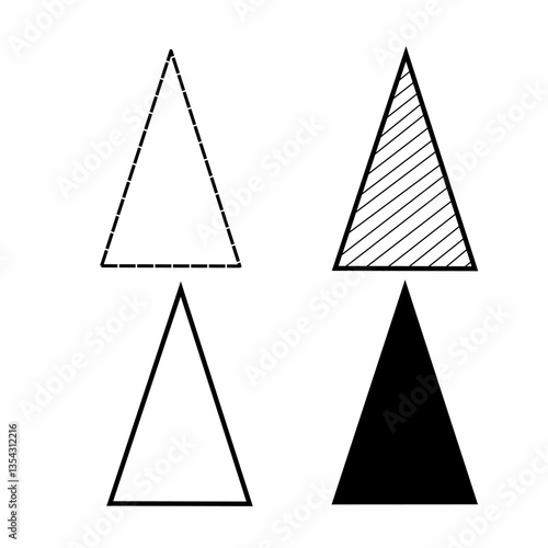 Isosceles triangle black and white vector set. Shaded Isosceles triangle. Dotted Isosceles triangle. Isosceles triangle on white background