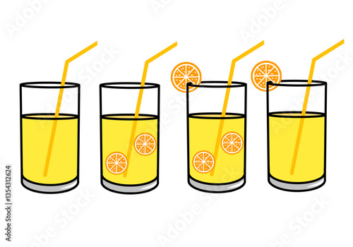 Set vector glass with orange juice with orange drinking straw isolated on white background. Organic tropical fruit drink. Healthy diet and clean eating concept. Cleansing and detox. Vegan juicing.