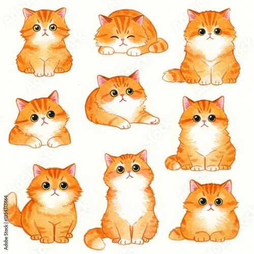 Photography Set of cat illustration with watercolor drawing.