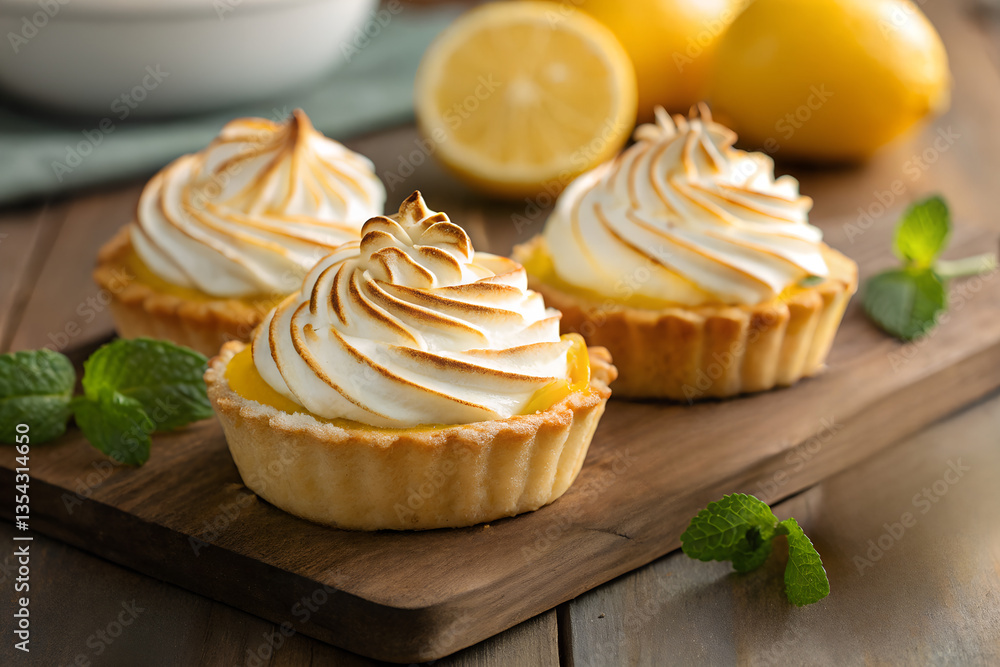 A close-up of delicious lemon meringue tartlets with perfectly golden, toasted meringue swirls on top. The tartlets have a crisp, buttery crust filled with smooth, vibrant yellow lemon curd. Each tart A close-up of delicious lemon meringue tartlets with perfectly golden, toasted meringue swirls on top. The tartlets have a crisp, buttery crust filled with smooth, vibrant yellow lemon curd. Each tart