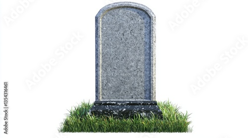 Elegant grey stone headstone with a polished surface, tall classic shape, resting on a grass base, isolated on transparent background for respectful memorials.
