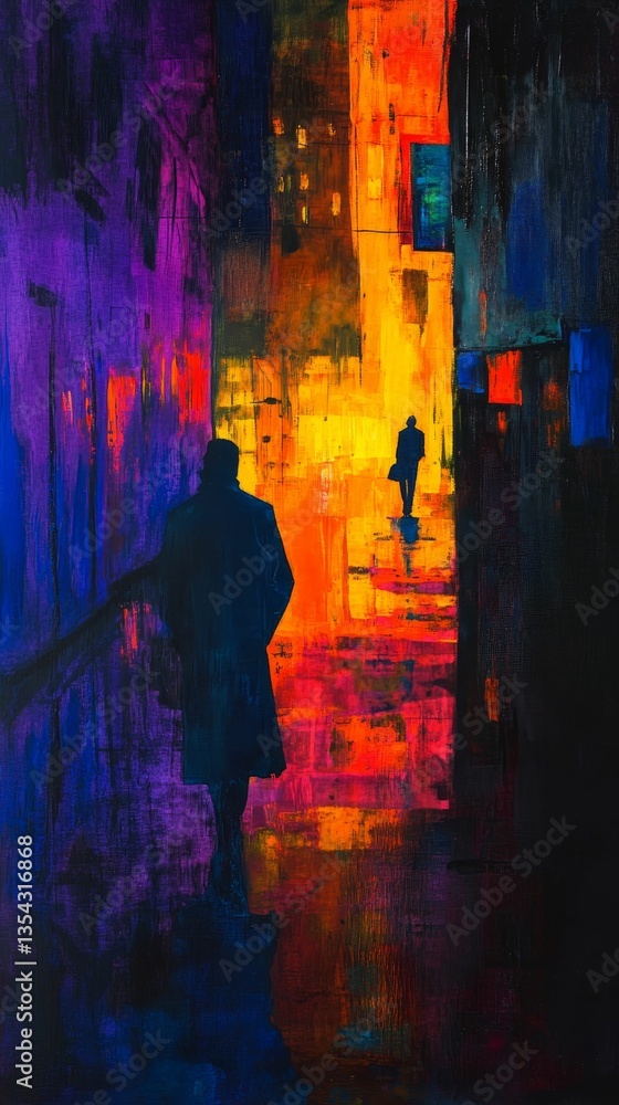 City street scene silhouetted figures painted colors. City street scene silhouetted figures painted colors.