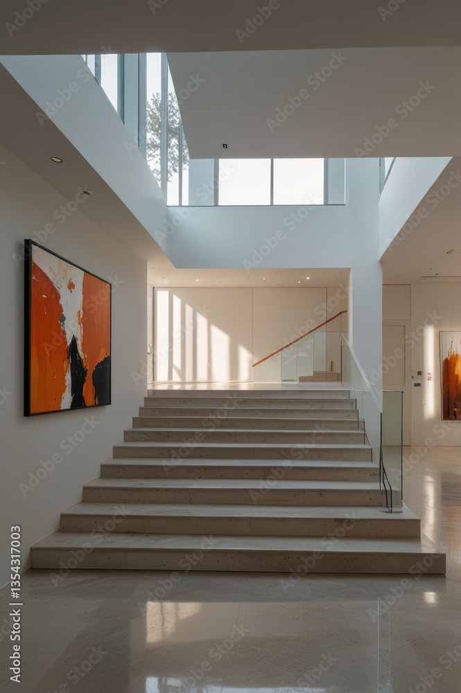 Fototapeta premium Modern interior staircase bathed in sunlight, minimalist art adorns the wall
