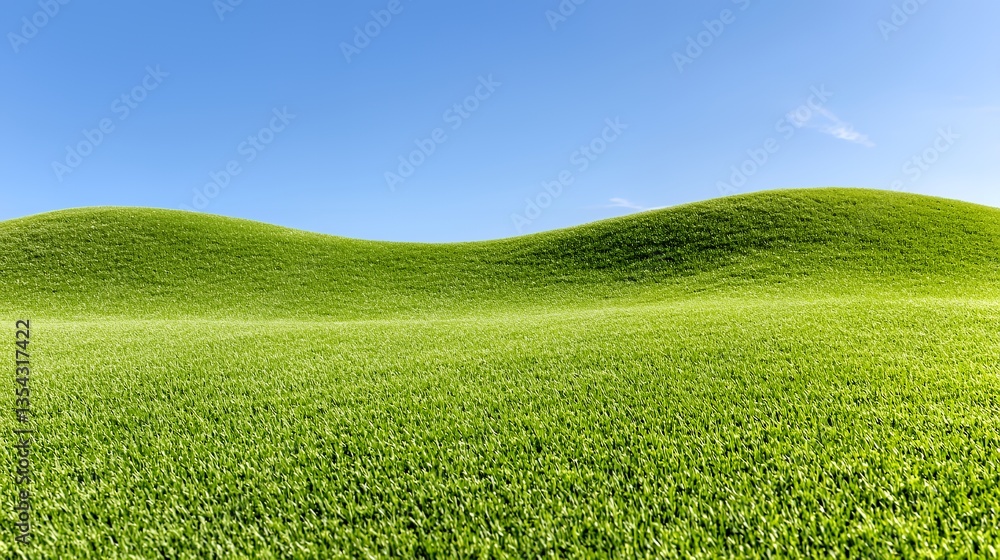 Green Grassy Field Under a Bright Blue Sky, Natural Landscape Scenery