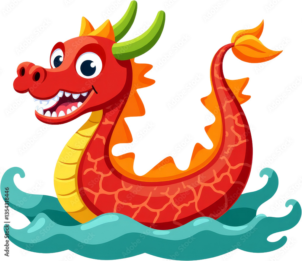 Fototapeta premium Cartoon Red Dragon with Green Horns in Water, transparent background