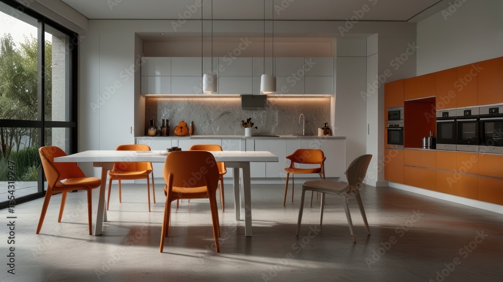 Fototapeta premium Modern kitchen and dining area with orange chairs and white cabinets
