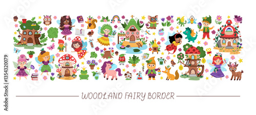 Vector woodland fairy horizontal set with elf, dwarf, houses, unicorn, dragon, fairytale creature. Magic garden princess card template, frame design for banner, invitation. fantasy forest illustration