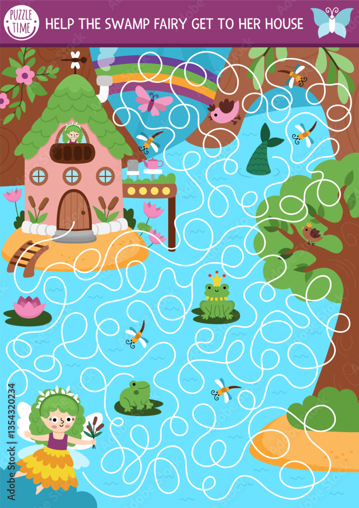 Naklejka premium Fun maze for kids with swamp fairy, enchanted house, magic forest, woodland landscape. Fairytale princess preschool printable activity with cute girl with wings. Labyrinth game, puzzle