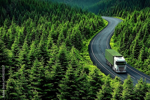 Truck on winding forest road.