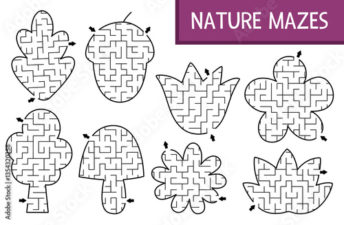 Forest or garden geometrical maze set for kids. Preschool printable activity shaped as flower, tree, acorn, mushroom, leaf. Woodland fairy labyrinth game or puzzle collection for children