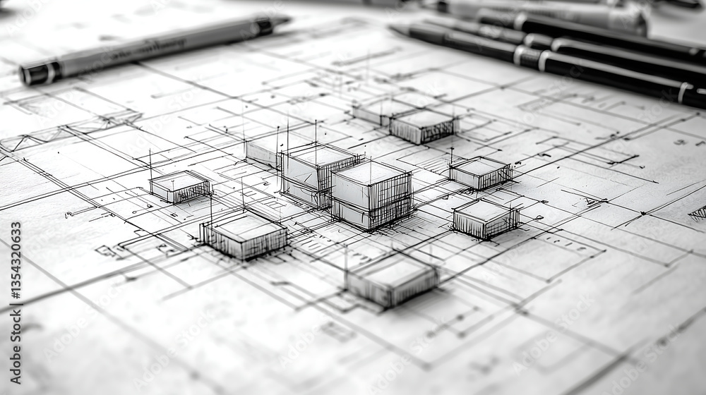 black and white architectural sketch with 3d cubes on blueprint and pencils for design and drafting process black and white architectural sketch with 3d cubes on blueprint and pencils for design and drafting process
