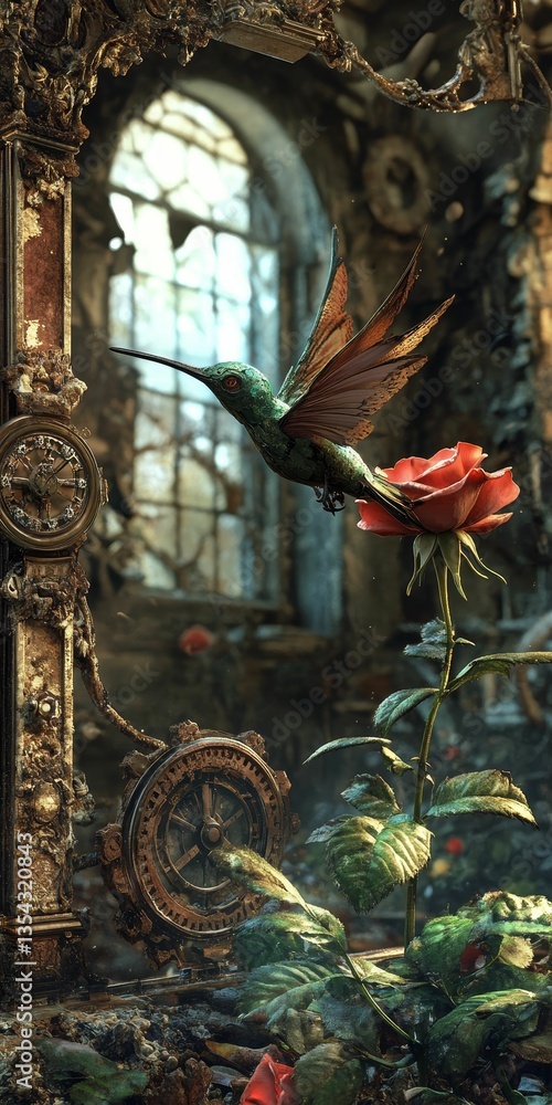 Obraz premium Hummingbird reaches for a rose in ruin.