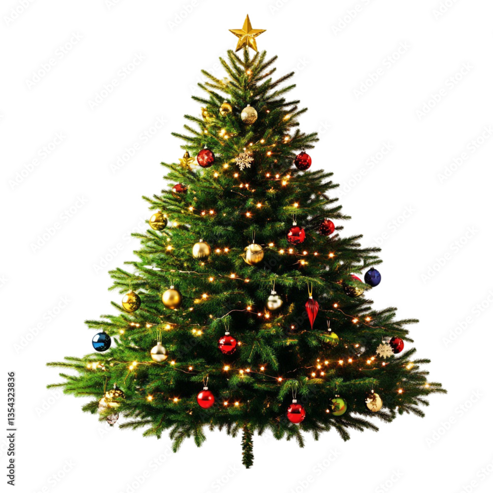 Decorated Christmas tree with lights and ornaments festive winter holidays Decorated Christmas tree with lights and ornaments festive winter holidays