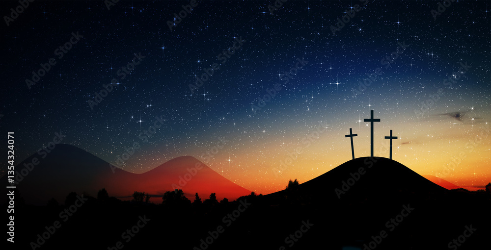 Obraz premium Crucifixion and Calvary With Crosses at dawn. Biblical scene. Resurrection of Jesus Christ