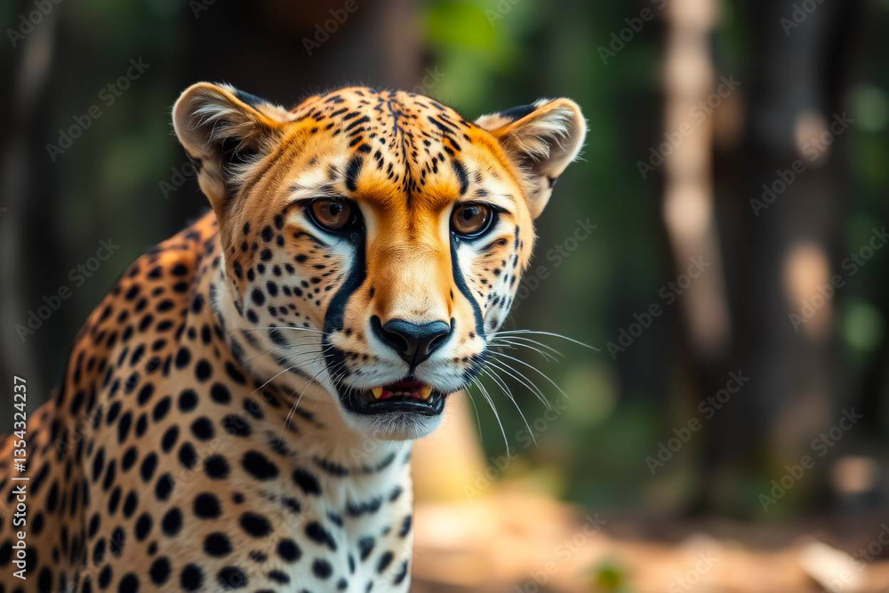 Fototapeta premium Swift Cheetah in a Lush Forest, Displaying Its Speed and Grace Amidst the Dense Greenery, Vibrant Wallpaper