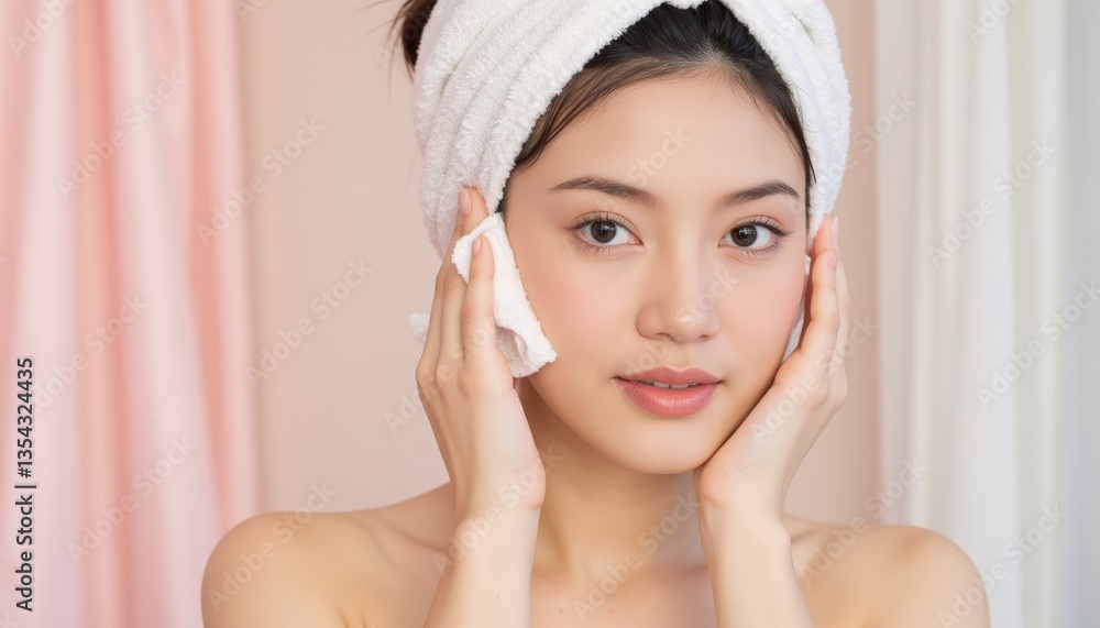 Young Woman with Towel on Head Applying Skincare in Bright Indoor Setting Young Woman with Towel on Head Applying Skincare in Bright Indoor Setting