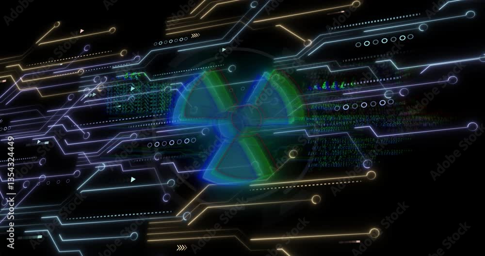 Digital circuits and data processing animation with nuclear symbol on dark background Digital circuits and data processing animation with nuclear symbol on dark background
