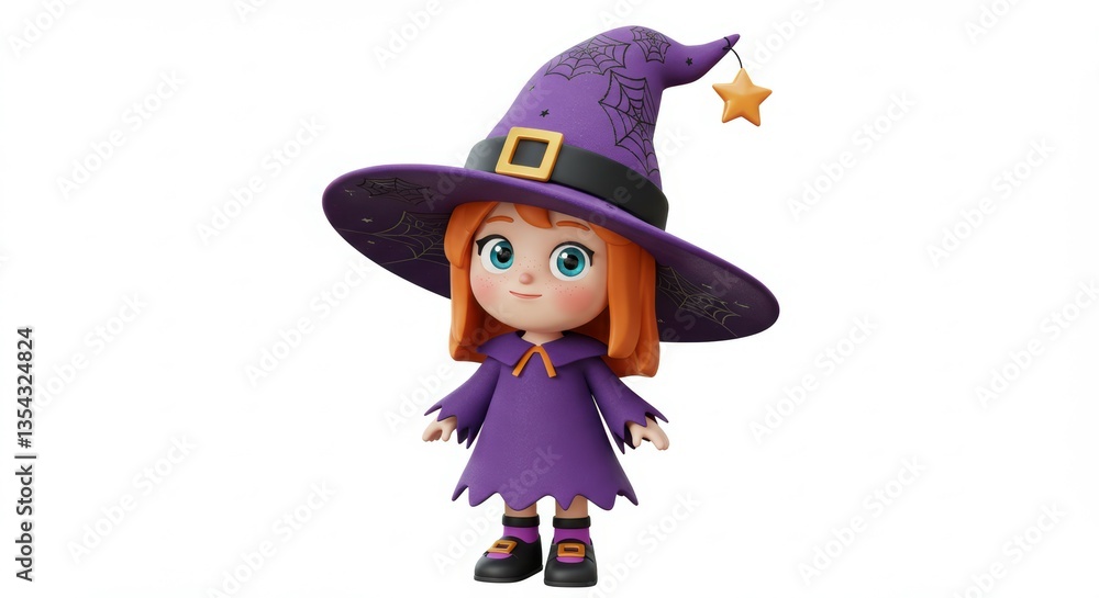 Cartoon Girl in Witch Costume with Star Ornament on Halloween Cartoon Girl in Witch Costume with Star Ornament on Halloween