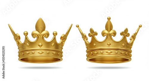 Two Golden Crowns Royal Jewelry Isolated on White Background Render