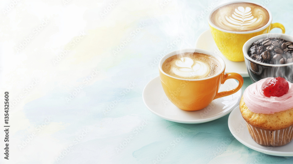 Delicious coffee cups with latte art and cupcake on pastel background Delicious coffee cups with latte art and cupcake on pastel background