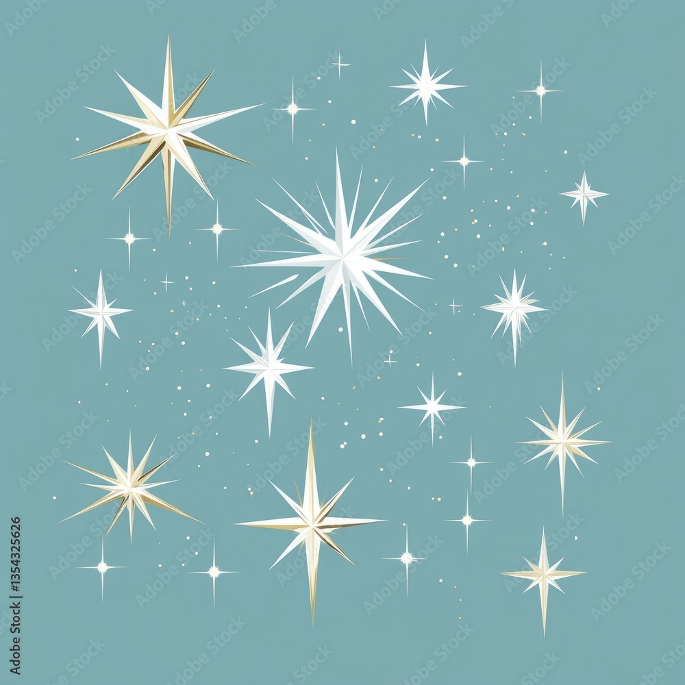 Flat design sparkle stars vector, glowing white and gold hues, smooth clean lines, varying sizes, isolated on a plain background, modern and simple geometric style. Flat design sparkle stars vector, glowing white and gold hues, smooth clean lines, varying sizes, isolated on a plain background, modern and simple geometric style.