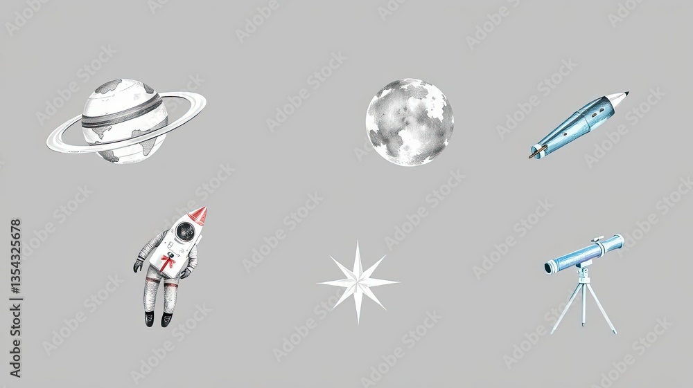 Naklejka premium Space Exploration Astronaut Planets Rocket Telescope Moon Stars