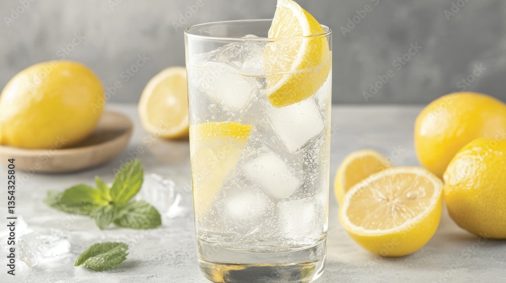 Refreshing lemon iced water on a gray surface with lemons and mint Refreshing lemon iced water on a gray surface with lemons and mint
