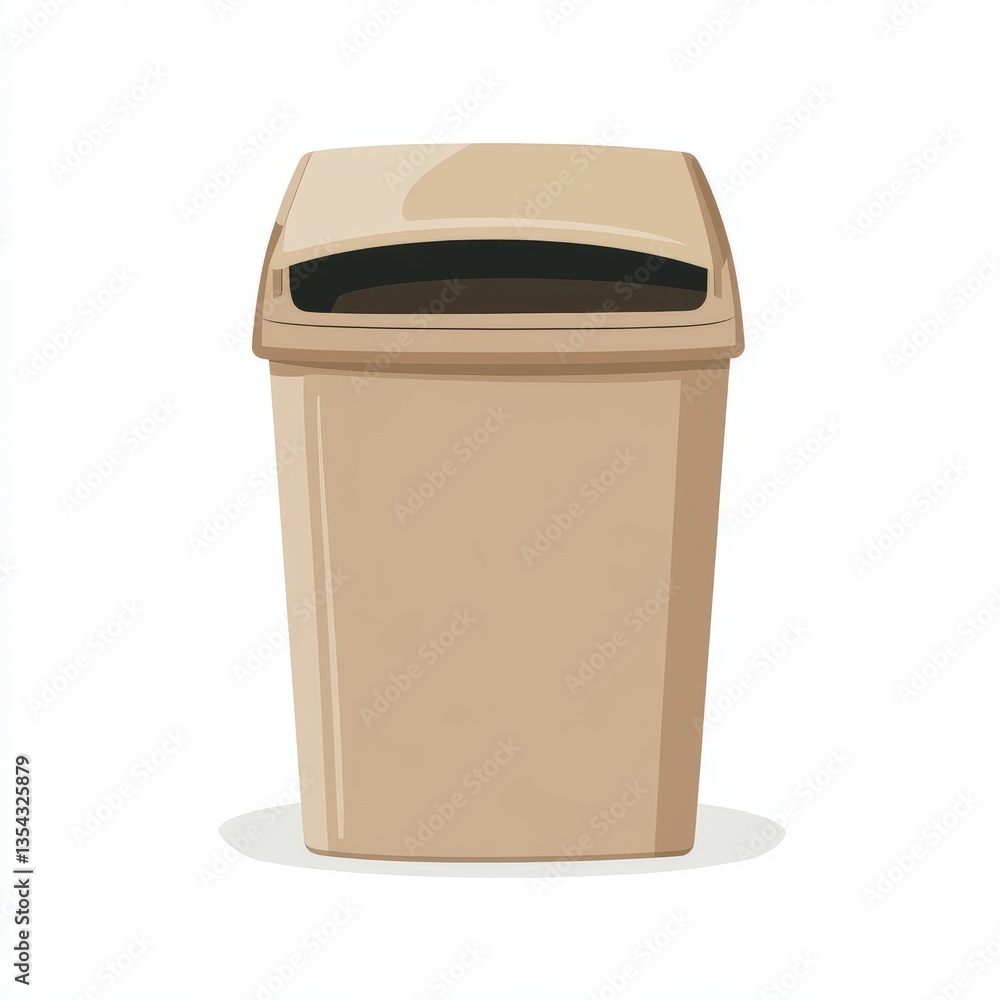 Flat design trash bin with a swing lid, neutral tones, sleek and smooth lines, isolated on a white background, sharp clean edges, minimalistic and professional aesthetic. Flat design trash bin with a swing lid, neutral tones, sleek and smooth lines, isolated on a white background, sharp clean edges, minimalistic and professional aesthetic.