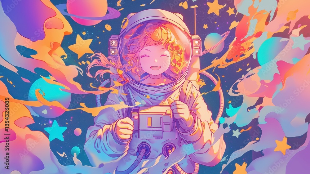 Joyful Astronaut Girl in Vibrant Cosmic Dreamscape Space Fantasy Anime Art Joyful Astronaut Girl in Vibrant Cosmic Dreamscape Space Fantasy Anime Art