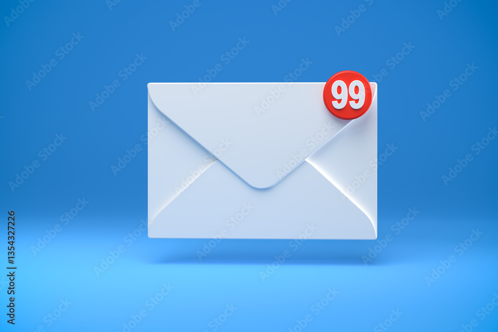 EMail concept: An envelope hovering over a blue background with a red dot at the top right corner with the number EMail concept: An envelope hovering over a blue background with a red dot at the top right corner with the number