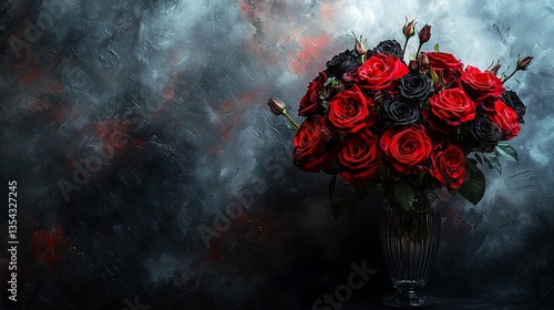 Dark red and black roses in a glass vase against a textured background.