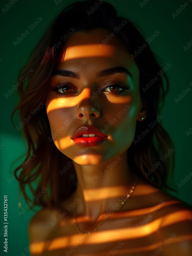 A striking portrait of a woman with bold light and shadow patterns across her face, creating a dramatic and vibrant effect. A striking portrait of a woman with bold light and shadow patterns across her face, creating a dramatic and vibrant effect.