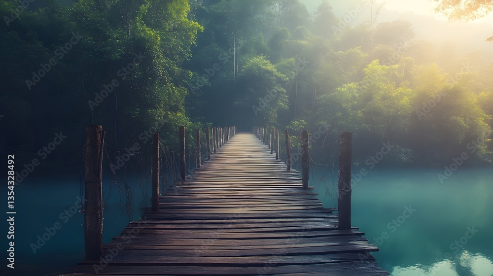 Obraz premium Path to Serenity: A captivating photograph unveils a wooden pier extending gracefully into a serene lake. Surrounded by lush green forests shrouded in mist.
