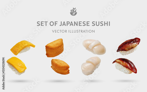 A Set of Japanese Nigiri and Inari Sushi 3D Vector Items: Tamago Nigiri, Inari Sushi, Scallop Nigiri, Broiled Eel Nigiri