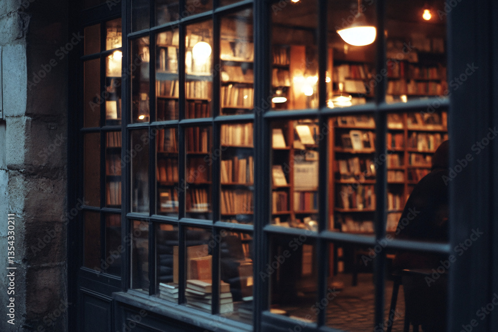 Cozy bookstore window scene with stacked books and blurred city street outside in warm light for reading, urban lifestyle and literature concepts Cozy bookstore window scene with stacked books and blurred city street outside in warm light for reading, urban lifestyle and literature concepts
