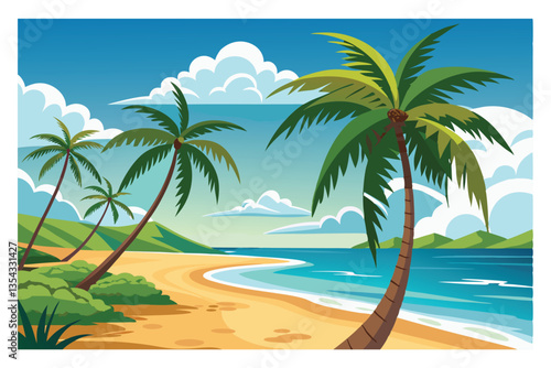 A simple and clear name for the image could be:
Tropical beach with palm trees and ocean view
